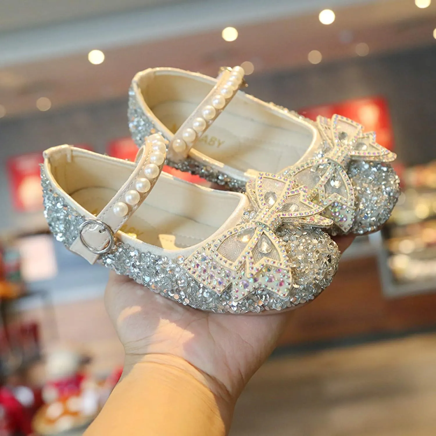 Girls Pearl Sequins Bow Closed Toe Ankle Sandals Rubber Sole Soft Strap Summer Dress Shoes Baby Toddler Dance