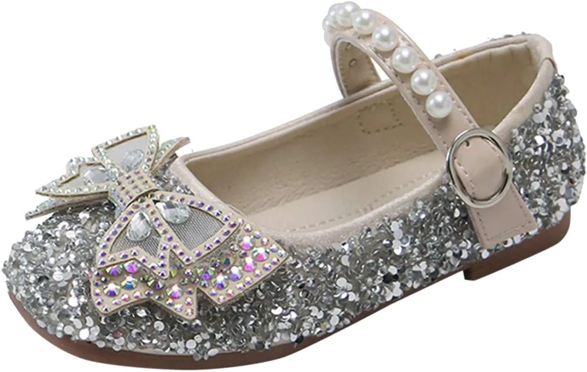 Girls Pearl Sequins Bow Closed Toe Ankle Sandals Rubber Sole Soft Strap Summer Dress Shoes Baby Toddler Dance