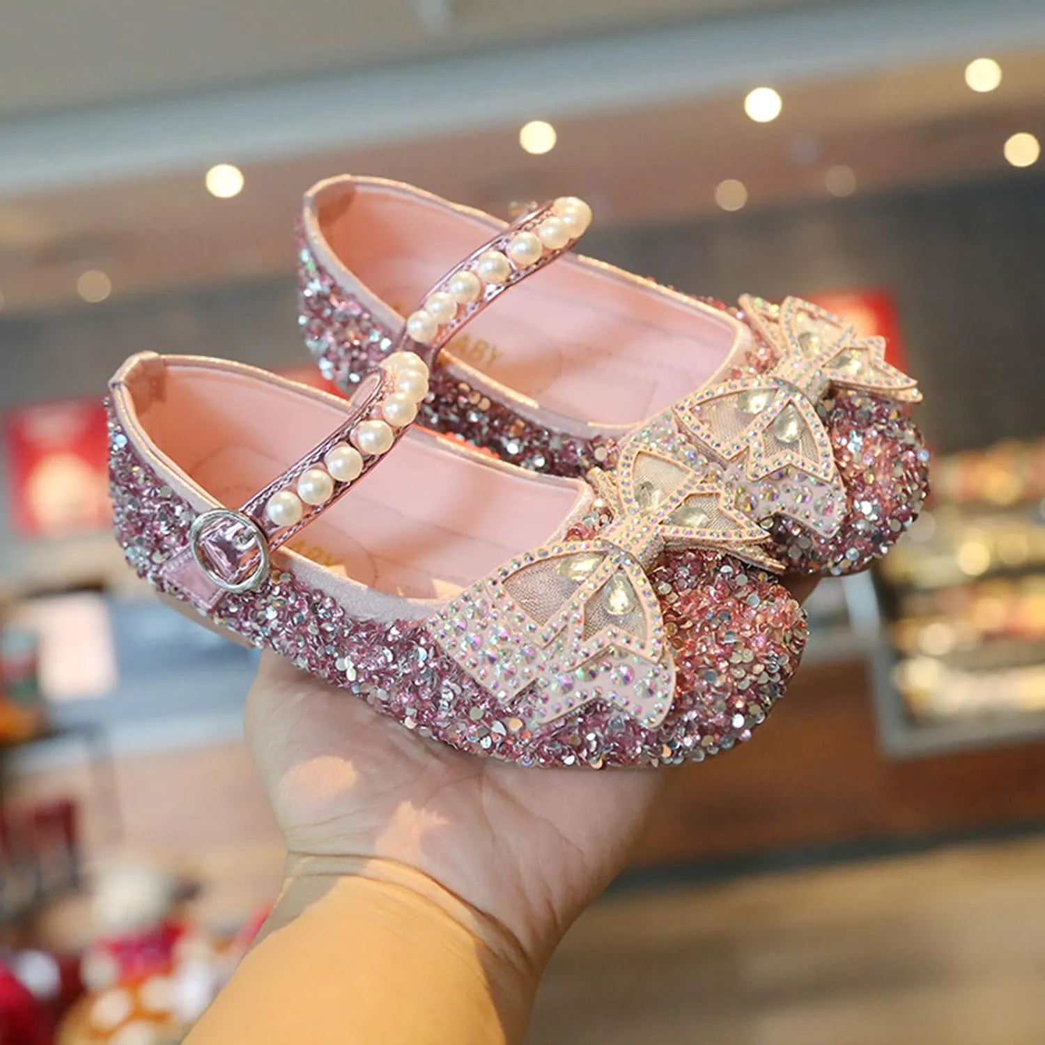 Girls Pearl Sequins Bow Closed Toe Ankle Sandals Rubber Sole Soft Strap Summer Dress Shoes Baby Toddler Dance
