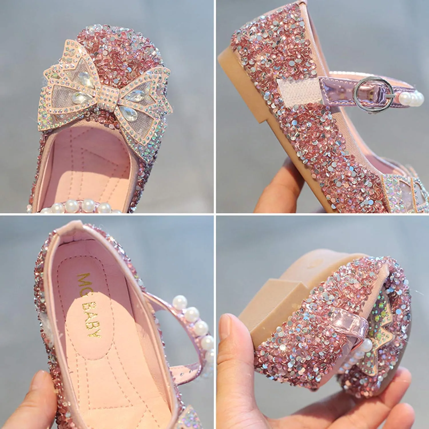 Girls Pearl Sequins Bow Closed Toe Ankle Sandals Rubber Sole Soft Strap Summer Dress Shoes Baby Toddler Dance