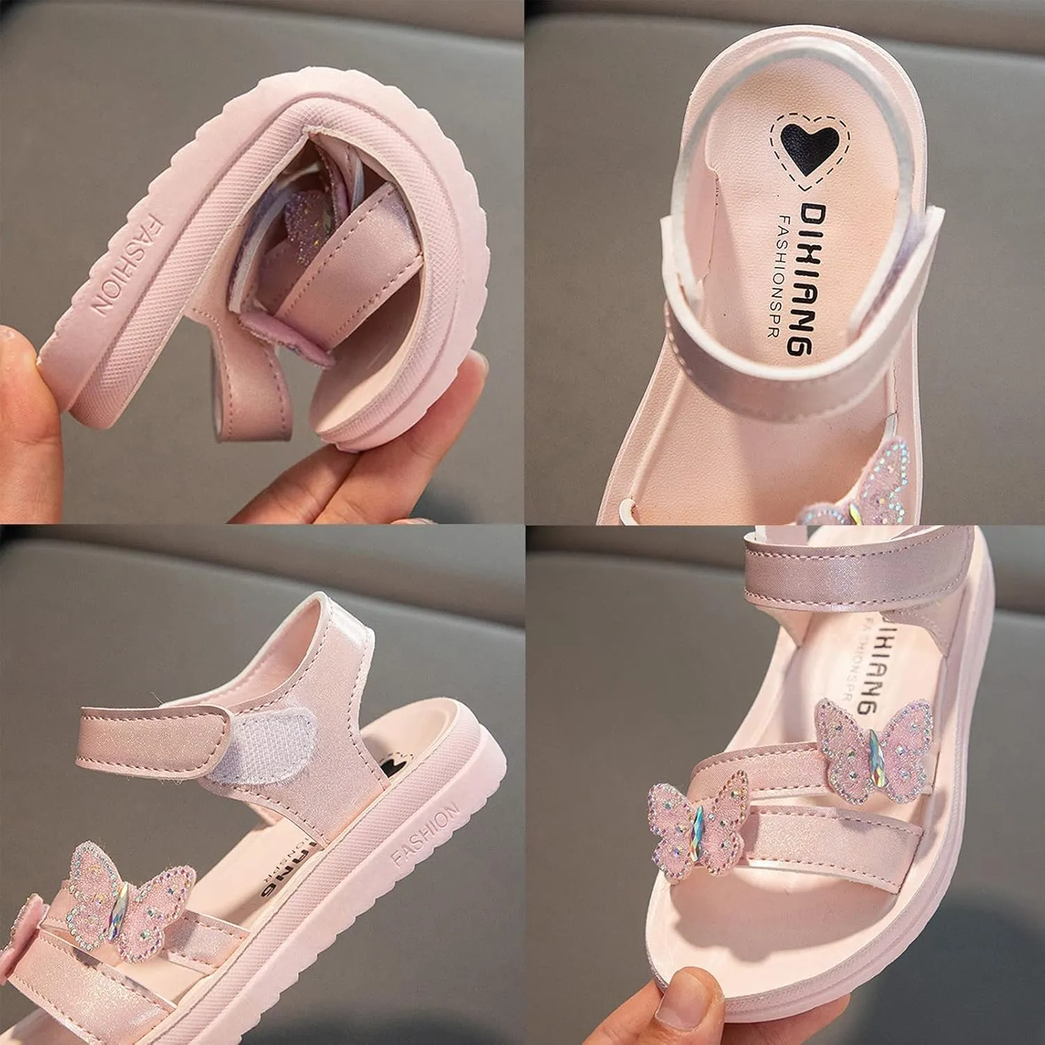 Girls Sandals Butterfly School Party Flat Sandal Anti-Slip Open Toe Double Strap Summer Dress Shoes