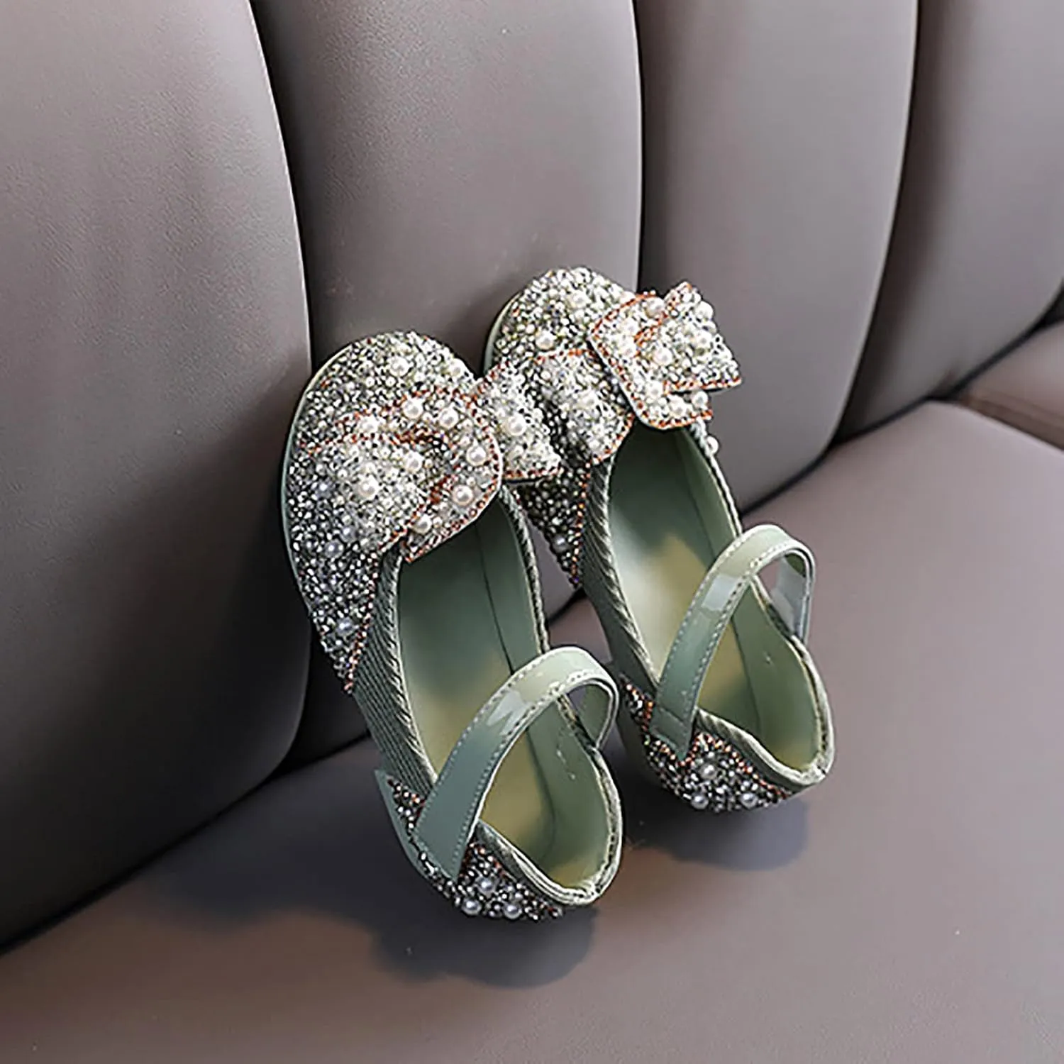 Girls Sandals Crystal Baby Infant Bling Kids Shoes Princess Shoes Pearl Shoes Dancing Single Shoes Slide (Green, 21)