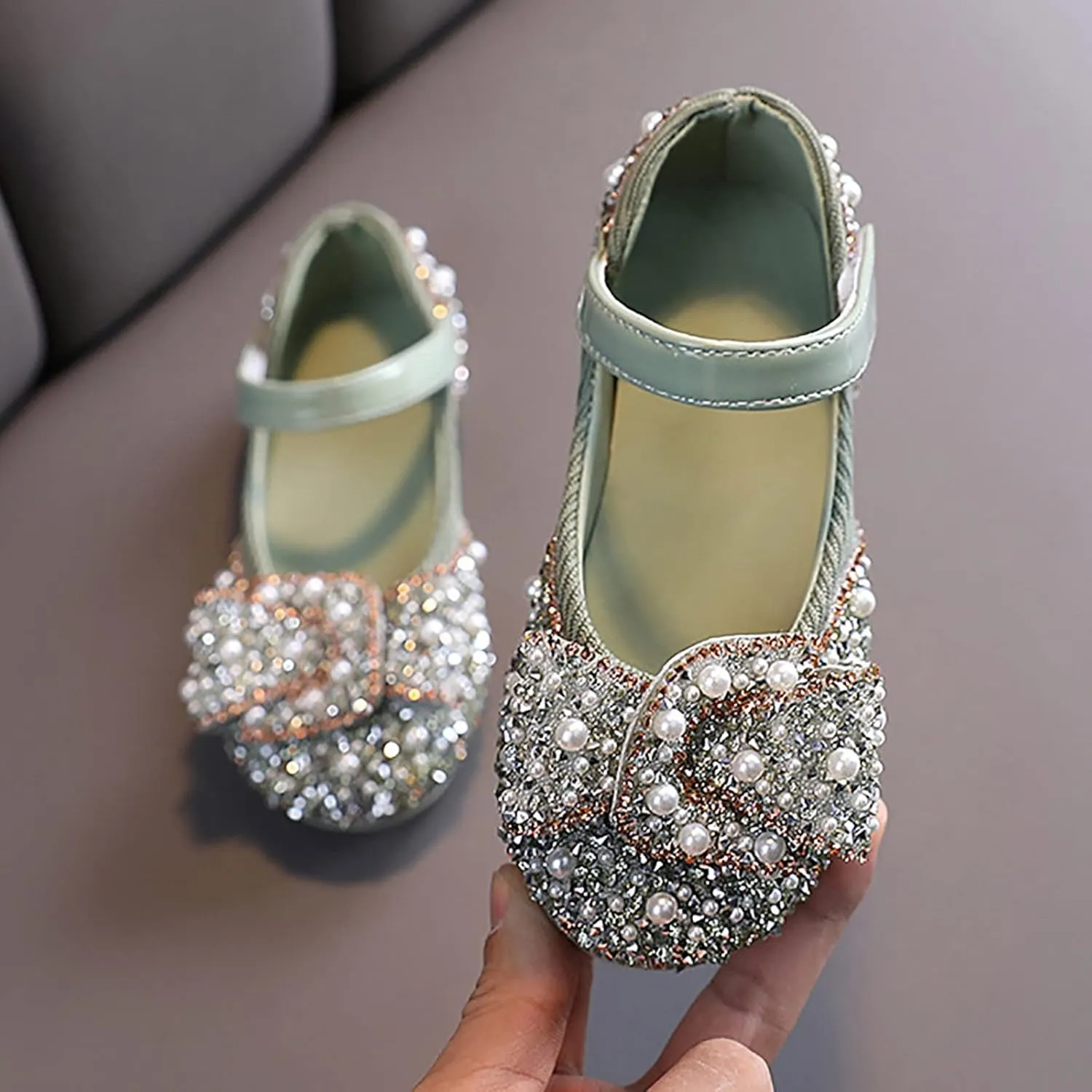 Girls Sandals Crystal Baby Infant Bling Kids Shoes Princess Shoes Pearl Shoes Dancing Single Shoes Slide (Green, 21)