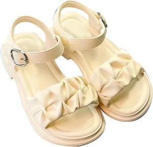 Girls Sandals Open Air Pleated Design Princess Shoes Dress Flat Shoes Casual Fashion for Little Child Baby Shoes Size 5 (Beige, 1.5 Big Kids)