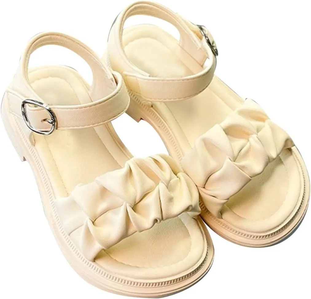 Girls Sandals Open Air Pleated Design Princess Shoes Dress Flat Shoes Casual Fashion for Little Child Baby Shoes Size 5 (Beige, 1.5 Big Kids)