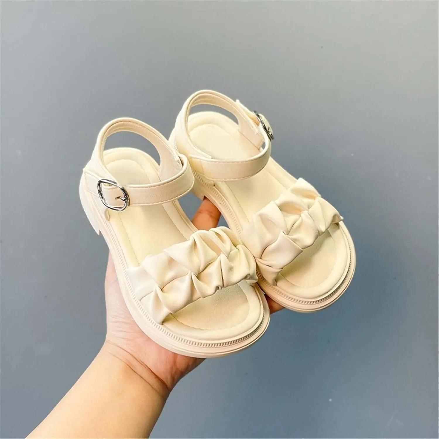 Girls Sandals Open Air Pleated Design Princess Shoes Dress Flat Shoes Casual Fashion for Little Child Baby Shoes Size 5 (Beige, 1.5 Big Kids)