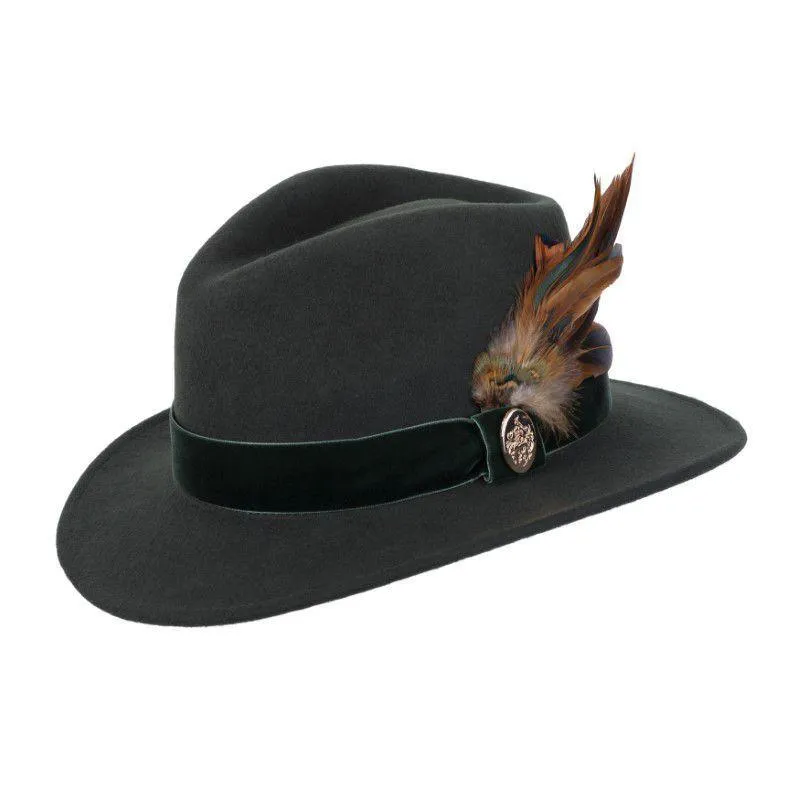 Hicks & Brown Chelsworth Coque & Pheasant Fedora - Olive Green