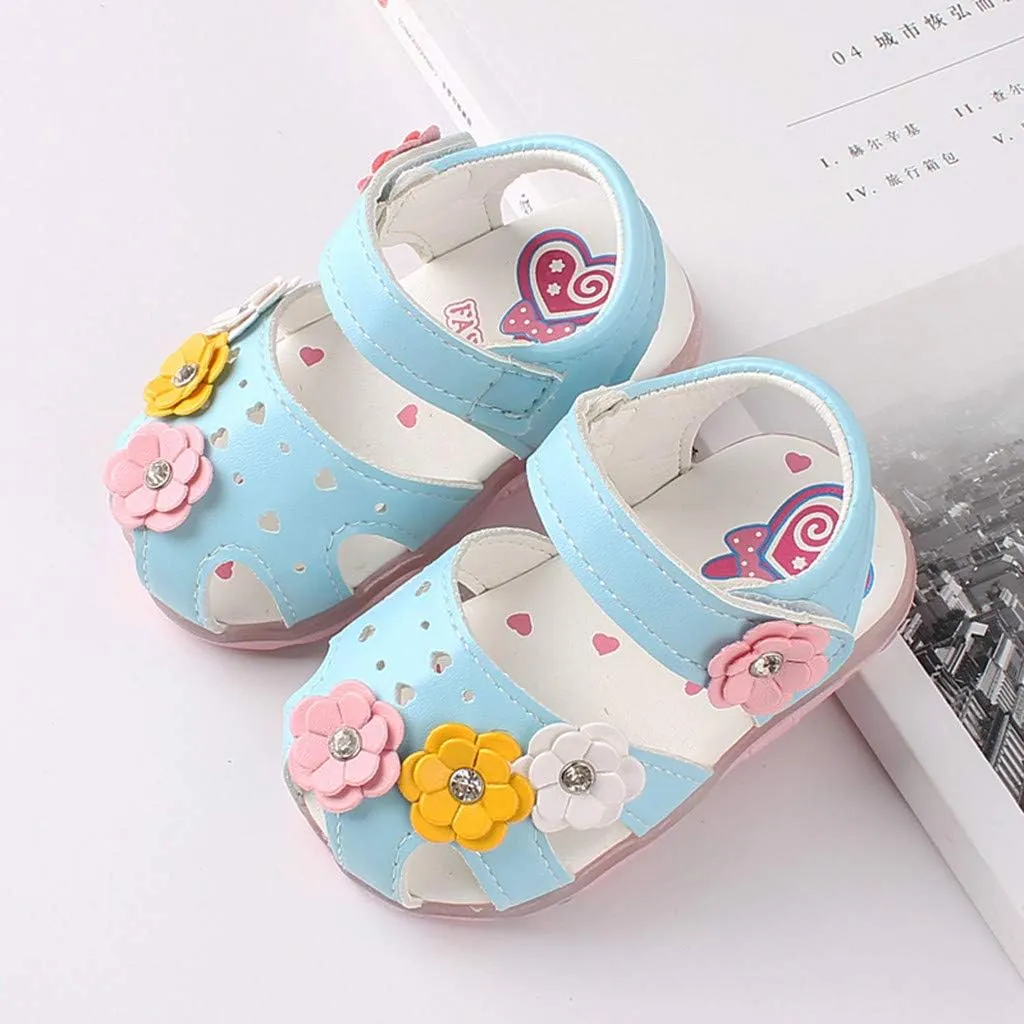 Infant Baby Girls Sandals with LED Luminous Shoes Flower Soft Rubber Sole Anti-Slip Toddler Flats First Walkers Shoes
