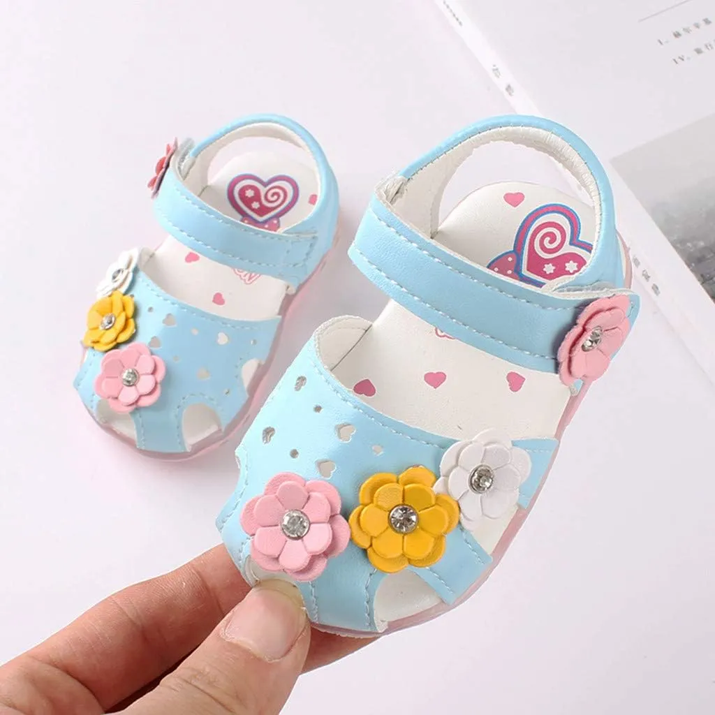 Infant Baby Girls Sandals with LED Luminous Shoes Flower Soft Rubber Sole Anti-Slip Toddler Flats First Walkers Shoes