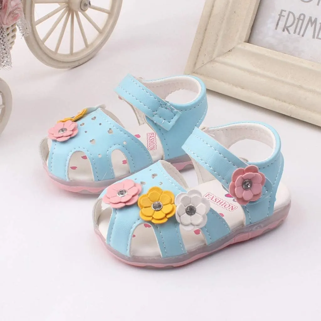 Infant Baby Girls Sandals with LED Luminous Shoes Flower Soft Rubber Sole Anti-Slip Toddler Flats First Walkers Shoes