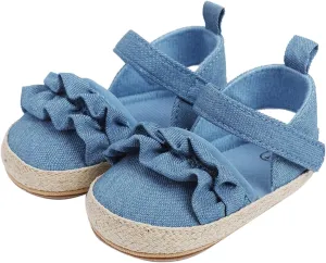 Infant Girls Ruffles Shoes First Walkers Shoes Summer Toddler Flat Sandals Walking Shoes for Babies (Blue, 12 Infant)