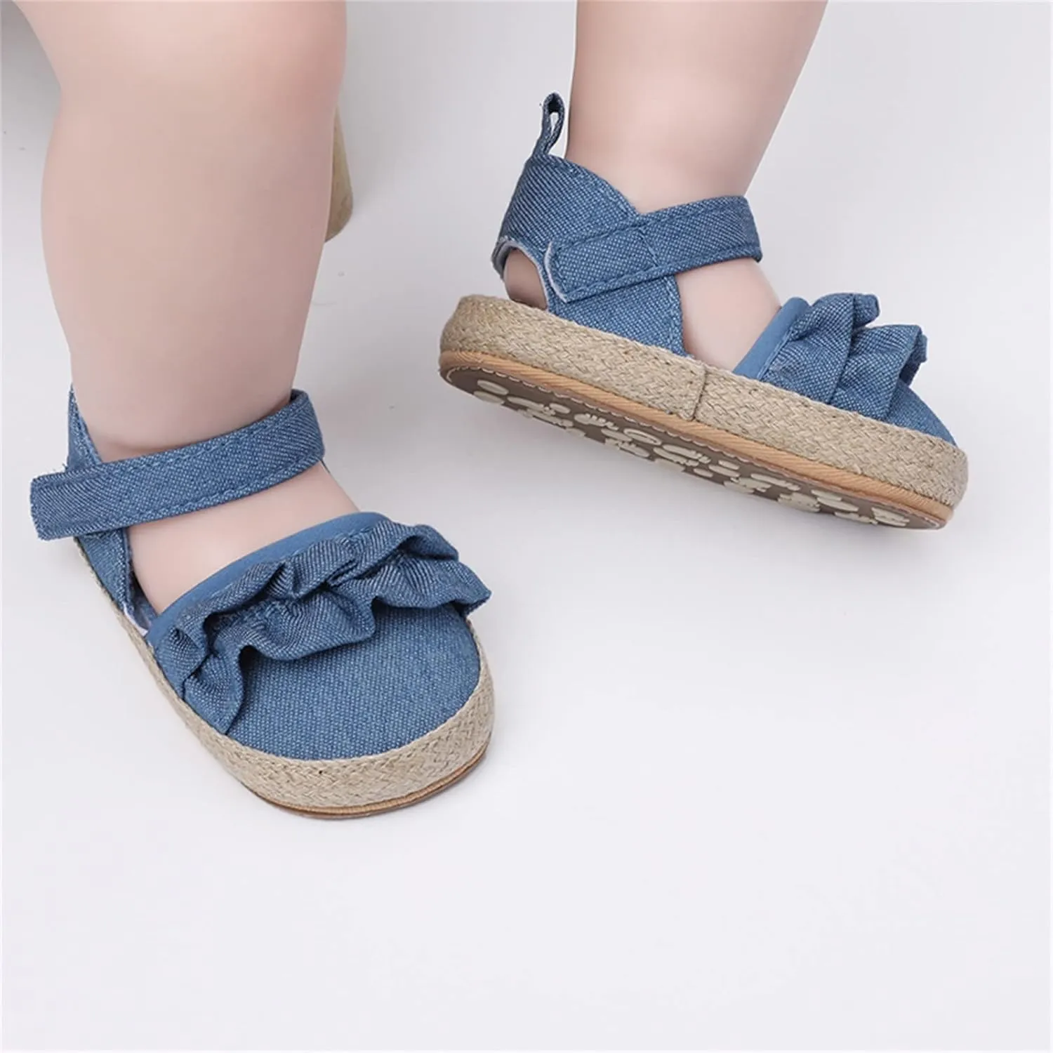 Infant Girls Ruffles Shoes First Walkers Shoes Summer Toddler Flat Sandals Walking Shoes for Babies (Blue, 12 Infant)