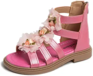 Kids BabyGirl's Sandals Summer Flowers High Top Roman Sandals Zipper Design Little Child/Big Kids Pompons Baby Shoes (Hot Pink, 10.5 Little Child)