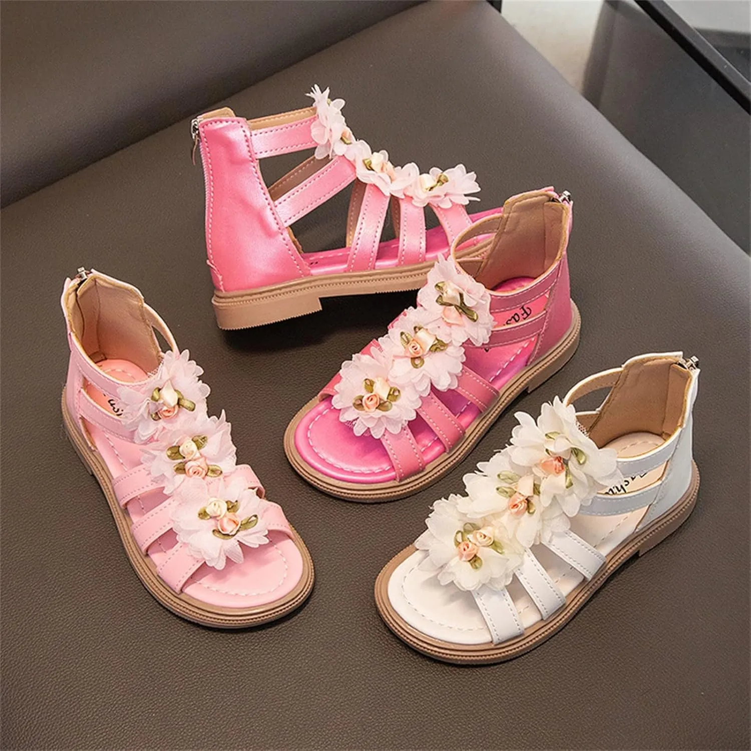 Kids BabyGirl's Sandals Summer Flowers High Top Roman Sandals Zipper Design Little Child/Big Kids Pompons Baby Shoes (Hot Pink, 10.5 Little Child)