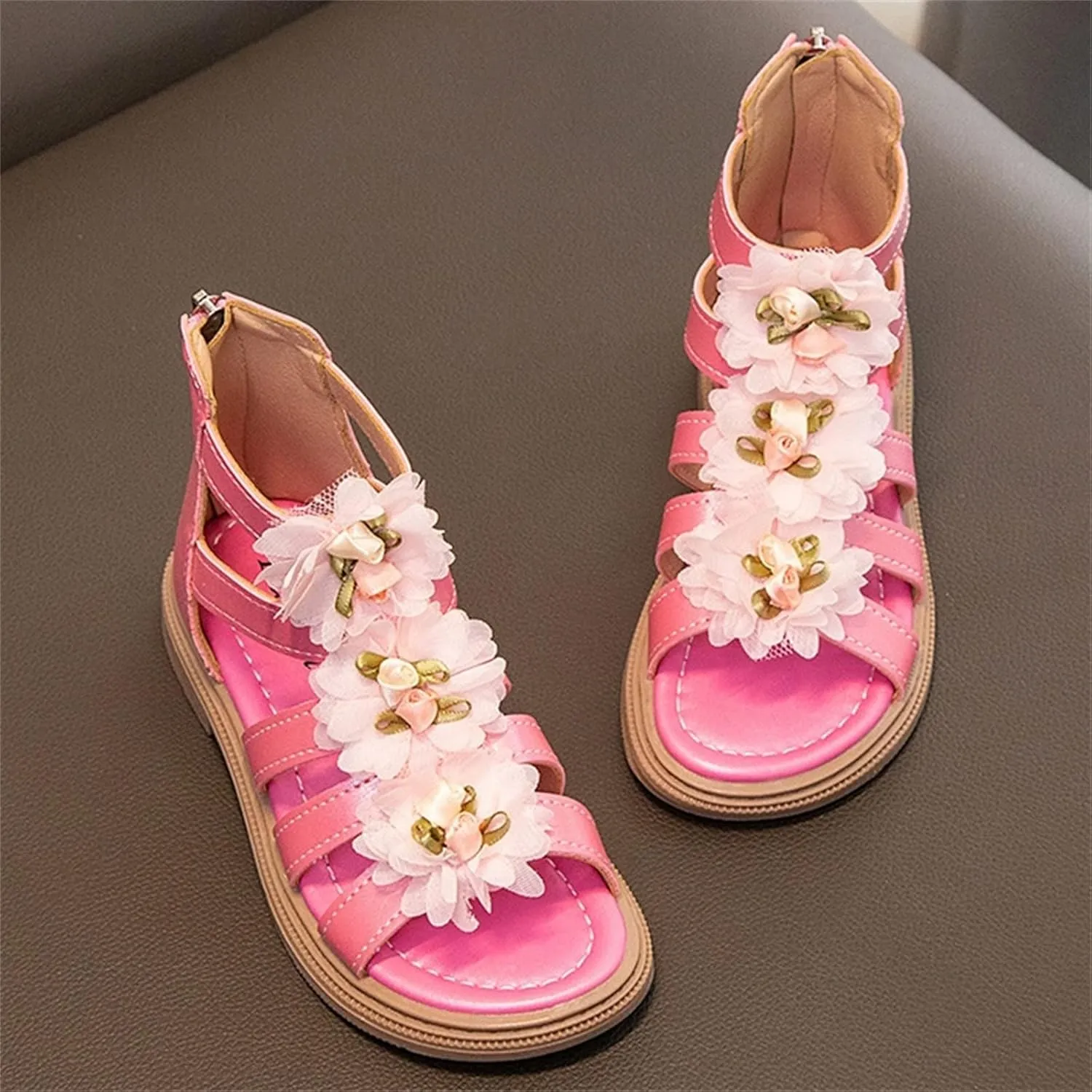 Kids BabyGirl's Sandals Summer Flowers High Top Roman Sandals Zipper Design Little Child/Big Kids Pompons Baby Shoes (Hot Pink, 10.5 Little Child)