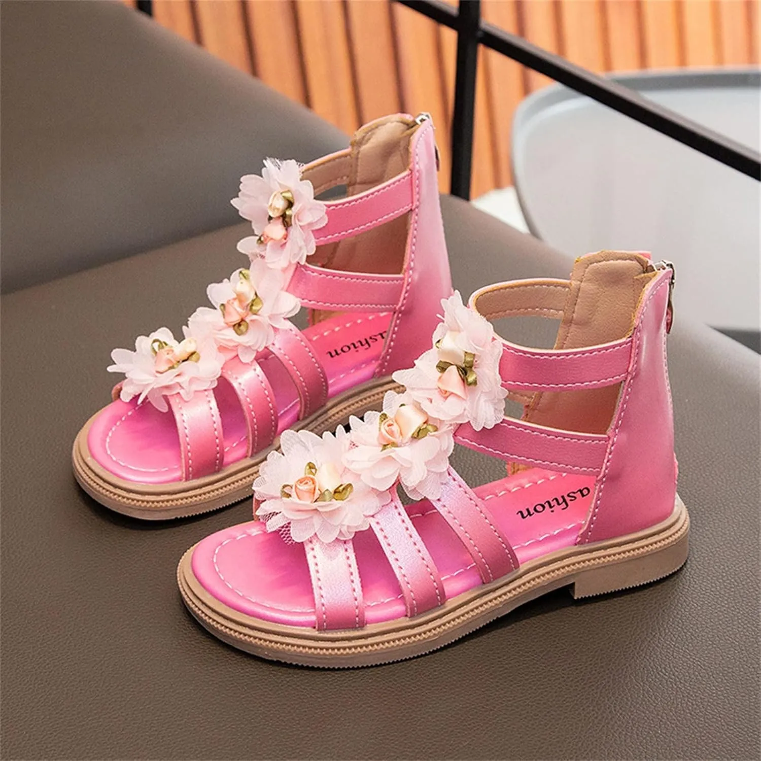 Kids BabyGirl's Sandals Summer Flowers High Top Roman Sandals Zipper Design Little Child/Big Kids Pompons Baby Shoes (Hot Pink, 10.5 Little Child)
