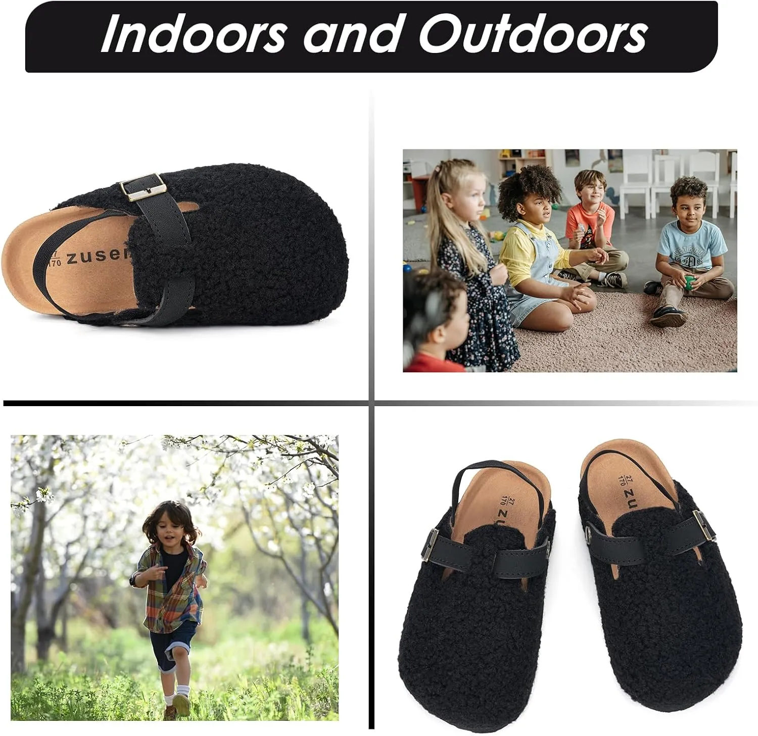 Kids Clogs Toddler Fuzzy Clog Slippers with Strap Boys Girls Cork Footbed Mules Classic Slip On Fleece Potato Shoes with Adjustable Buckle