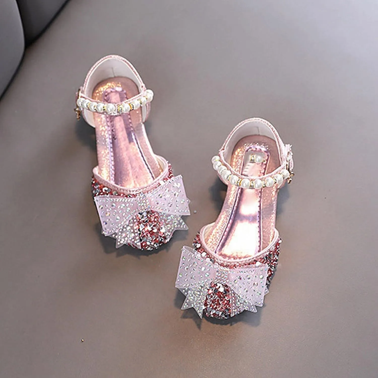 Kids Girls Princess Dress Shoes Baby Glitter Sequins Low Heel Bow Pearl Soft Sole Rhinestone Sandals for Wedding