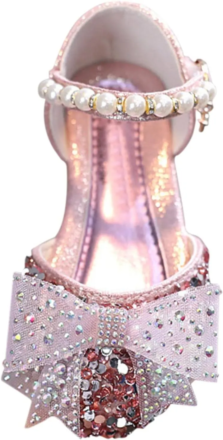 Kids Girls Princess Dress Shoes Baby Glitter Sequins Low Heel Bow Pearl Soft Sole Rhinestone Sandals for Wedding