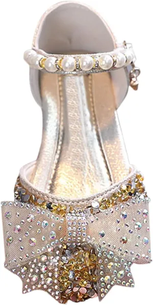 Kids Girls Princess Dress Shoes Baby Teens Glitter Sequins Low Heel Butterfly Bow Pearl Soft Sole Rhinestone Flats