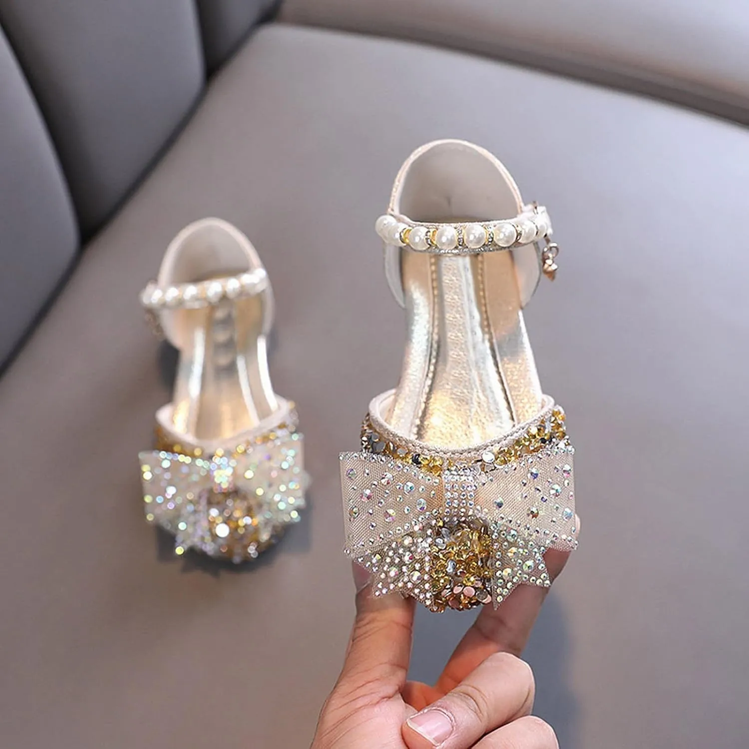 Kids Girls Princess Dress Shoes Baby Teens Glitter Sequins Low Heel Butterfly Bow Pearl Soft Sole Rhinestone Flats