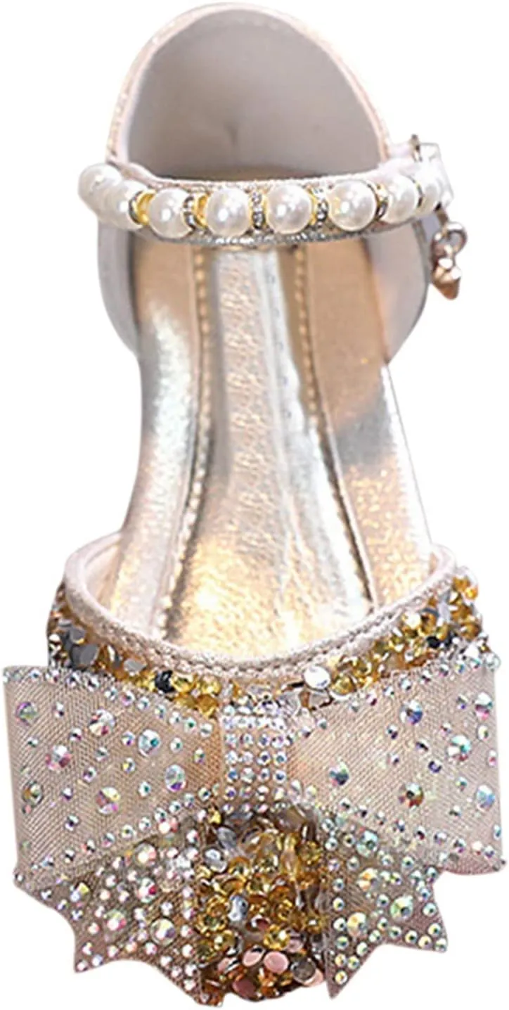 Kids Girls Princess Dress Shoes Baby Teens Glitter Sequins Low Heel Butterfly Bow Pearl Soft Sole Rhinestone Flats