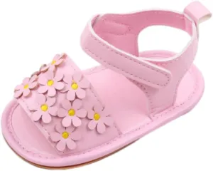 Kids Slip on Rubber Shoes Baby Toddler Infant Girls PU Leather Soft Open Toe Summer Sandals Flower Flat Shoes Toddler