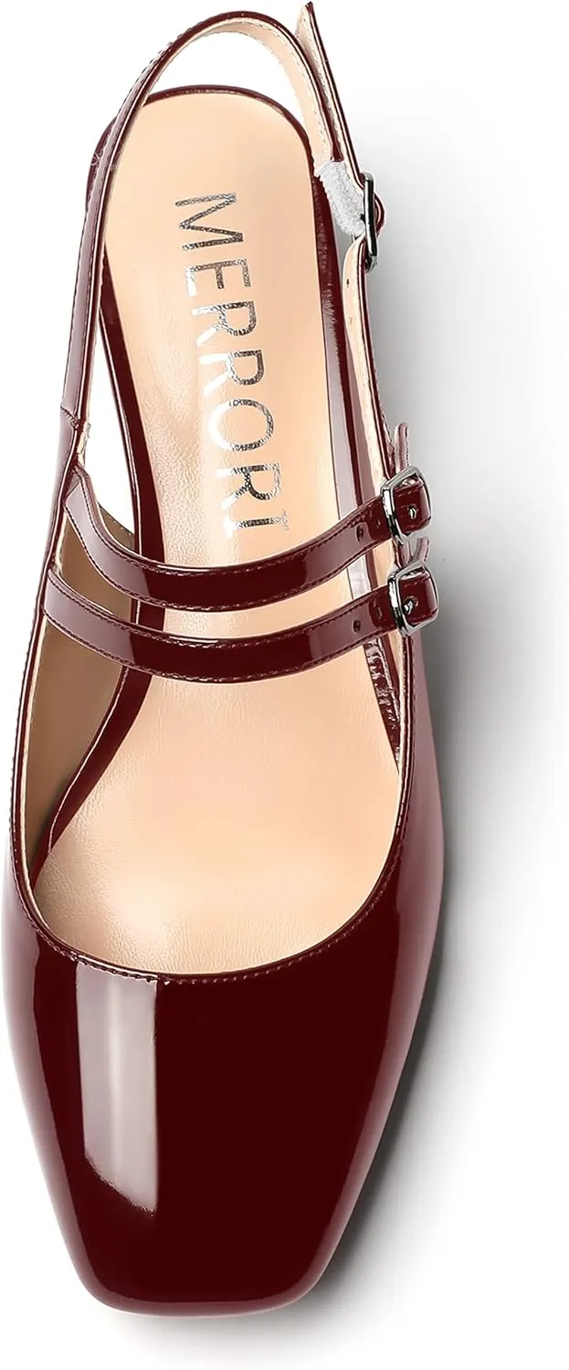 MERRORI Women's Pumps Patent Slingback Block Square Toe Buckle Dress Shoes Low Heel Pumps Shoes 1.5 Inch