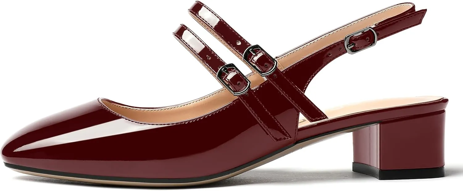 MERRORI Women's Pumps Patent Slingback Block Square Toe Buckle Dress Shoes Low Heel Pumps Shoes 1.5 Inch