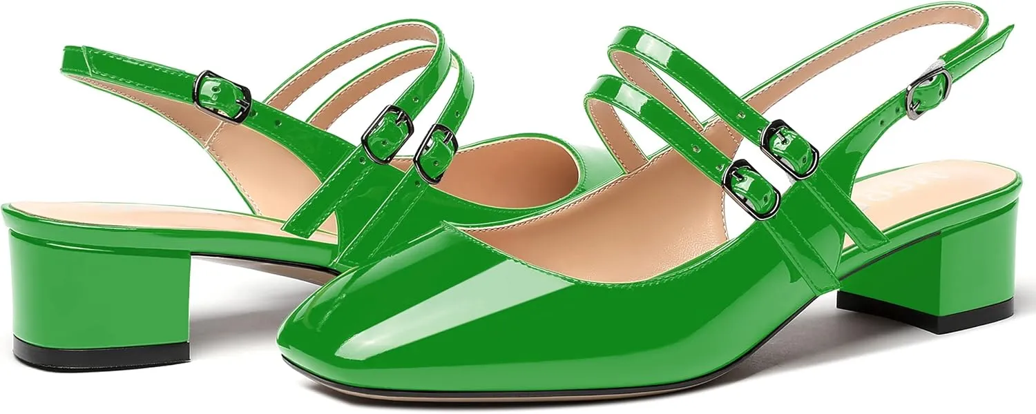 MERRORI Women's Pumps Patent Slingback Block Square Toe Buckle Dress Shoes Low Heel Pumps Shoes 1.5 Inch