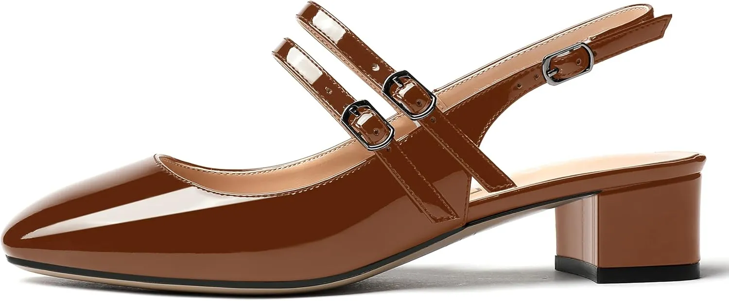 MERRORI Women's Pumps Patent Slingback Block Square Toe Buckle Dress Shoes Low Heel Pumps Shoes 1.5 Inch