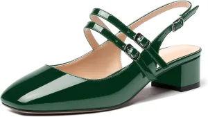 MERRORI Women's Pumps Patent Slingback Block Square Toe Buckle Dress Shoes Low Heel Pumps Shoes 1.5 Inch
