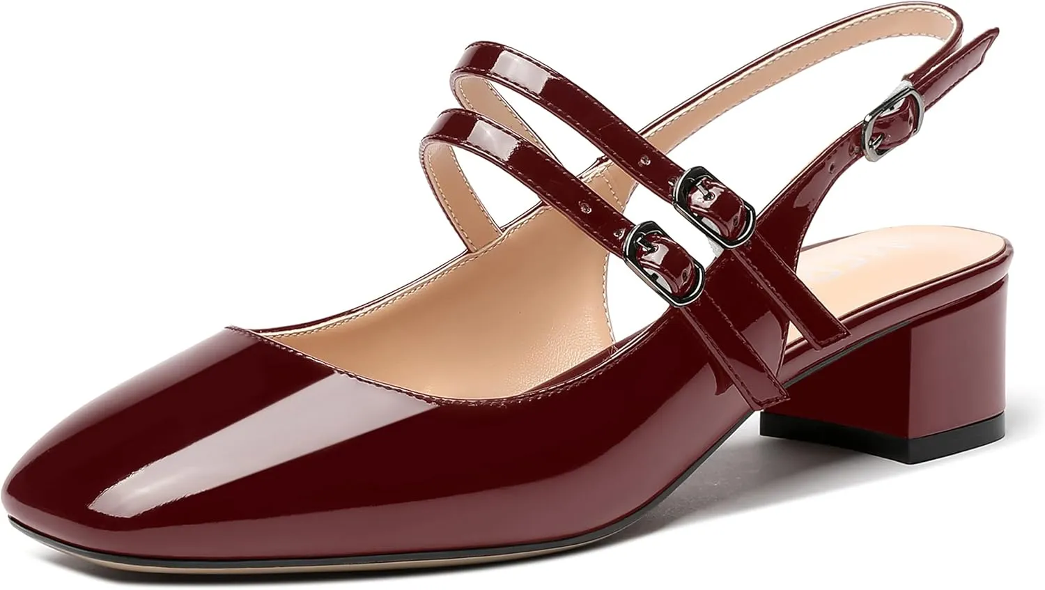 MERRORI Women's Pumps Patent Slingback Block Square Toe Buckle Dress Shoes Low Heel Pumps Shoes 1.5 Inch