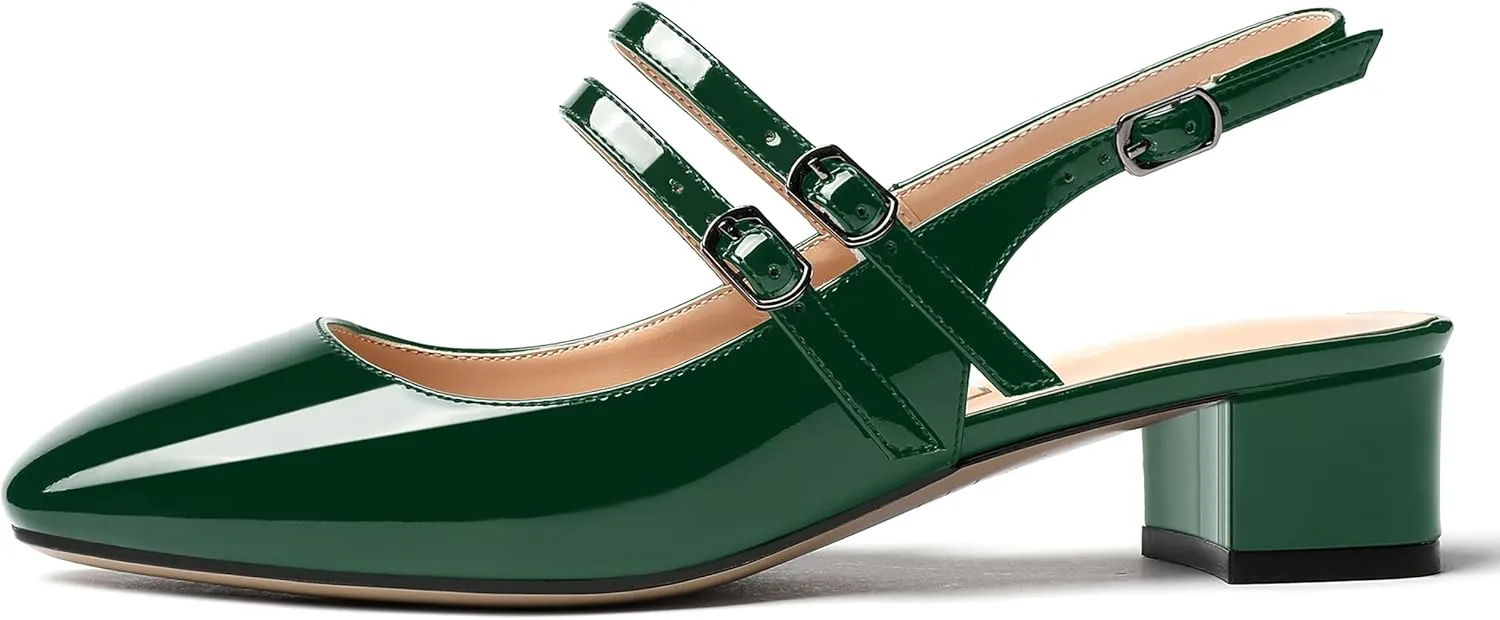 MERRORI Women's Pumps Patent Slingback Block Square Toe Buckle Dress Shoes Low Heel Pumps Shoes 1.5 Inch