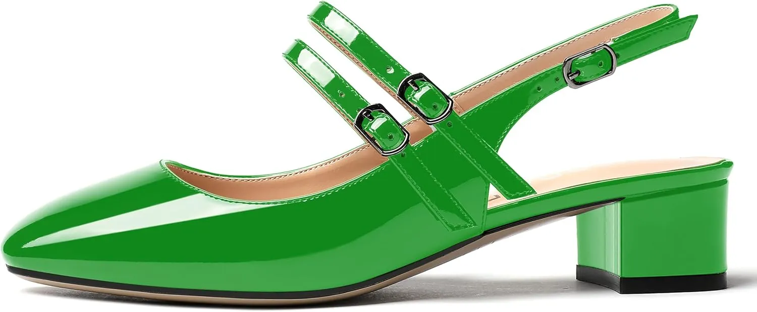 MERRORI Women's Pumps Patent Slingback Block Square Toe Buckle Dress Shoes Low Heel Pumps Shoes 1.5 Inch