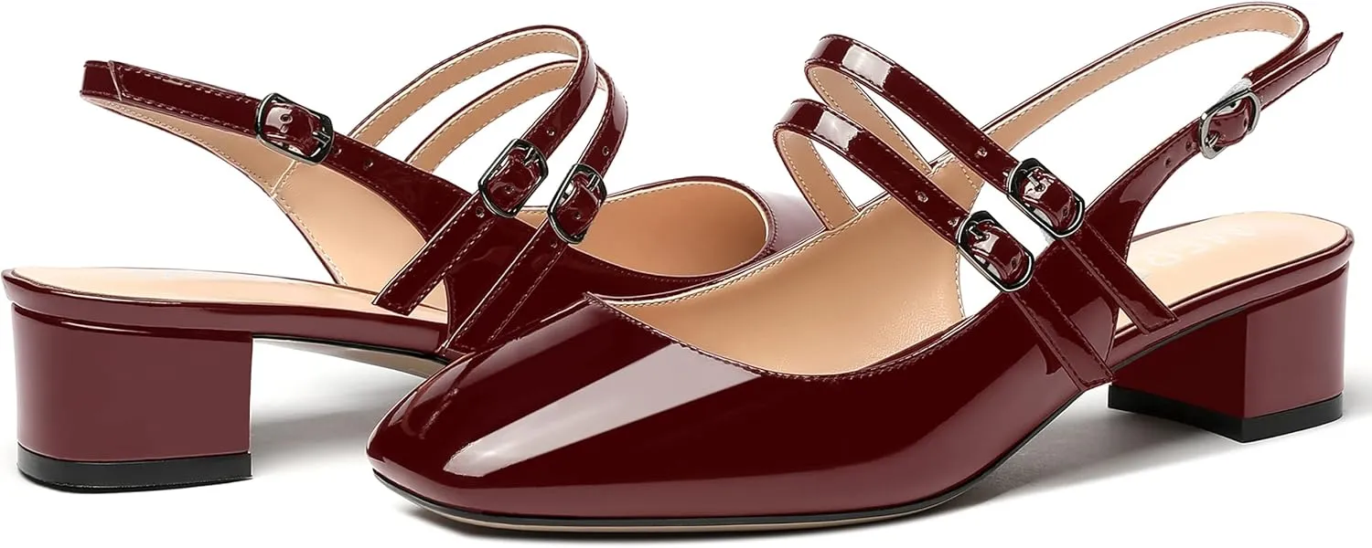 MERRORI Women's Pumps Patent Slingback Block Square Toe Buckle Dress Shoes Low Heel Pumps Shoes 1.5 Inch