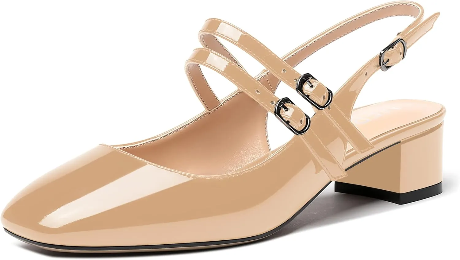 MERRORI Women's Pumps Patent Slingback Block Square Toe Buckle Dress Shoes Low Heel Pumps Shoes 1.5 Inch