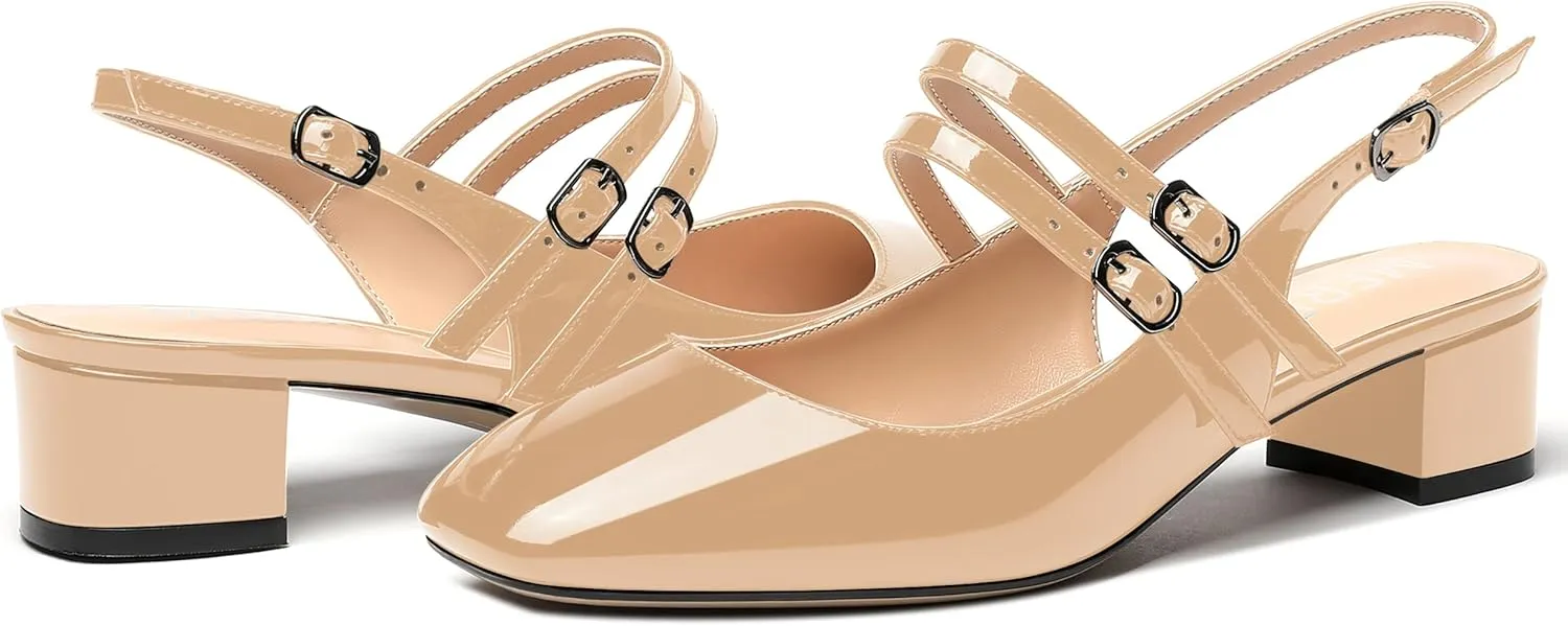 MERRORI Women's Pumps Patent Slingback Block Square Toe Buckle Dress Shoes Low Heel Pumps Shoes 1.5 Inch