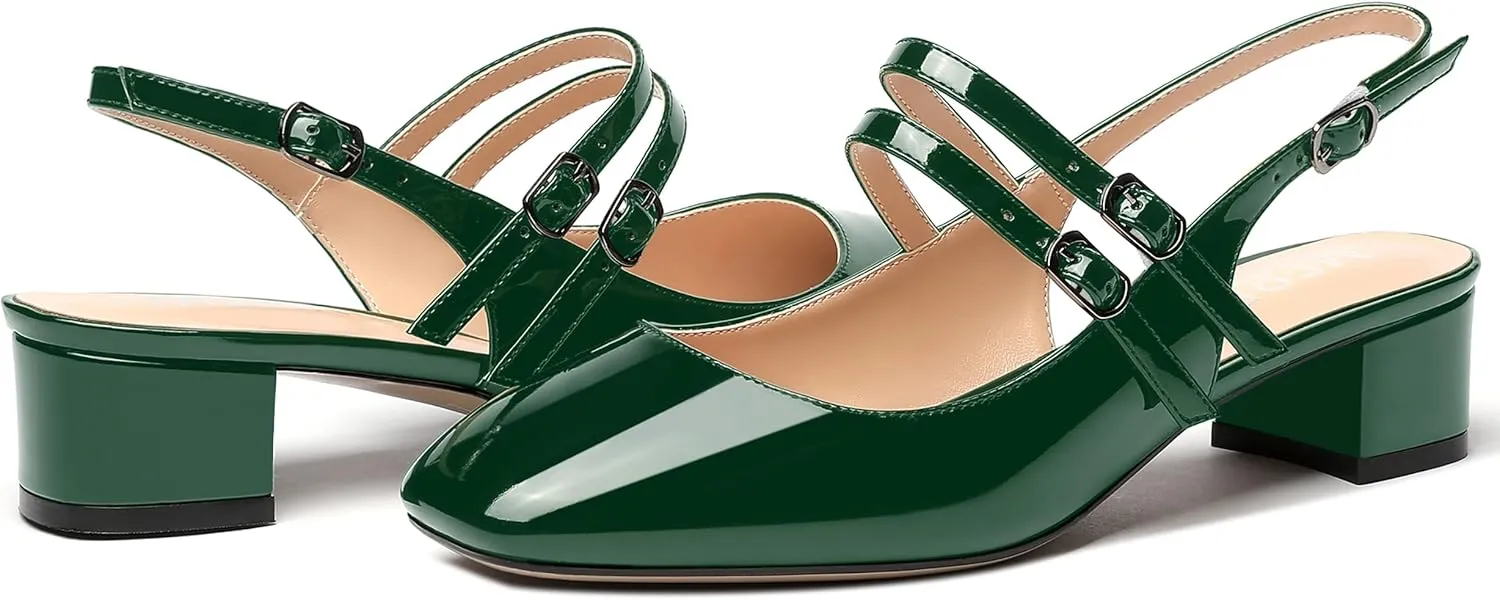 MERRORI Women's Pumps Patent Slingback Block Square Toe Buckle Dress Shoes Low Heel Pumps Shoes 1.5 Inch