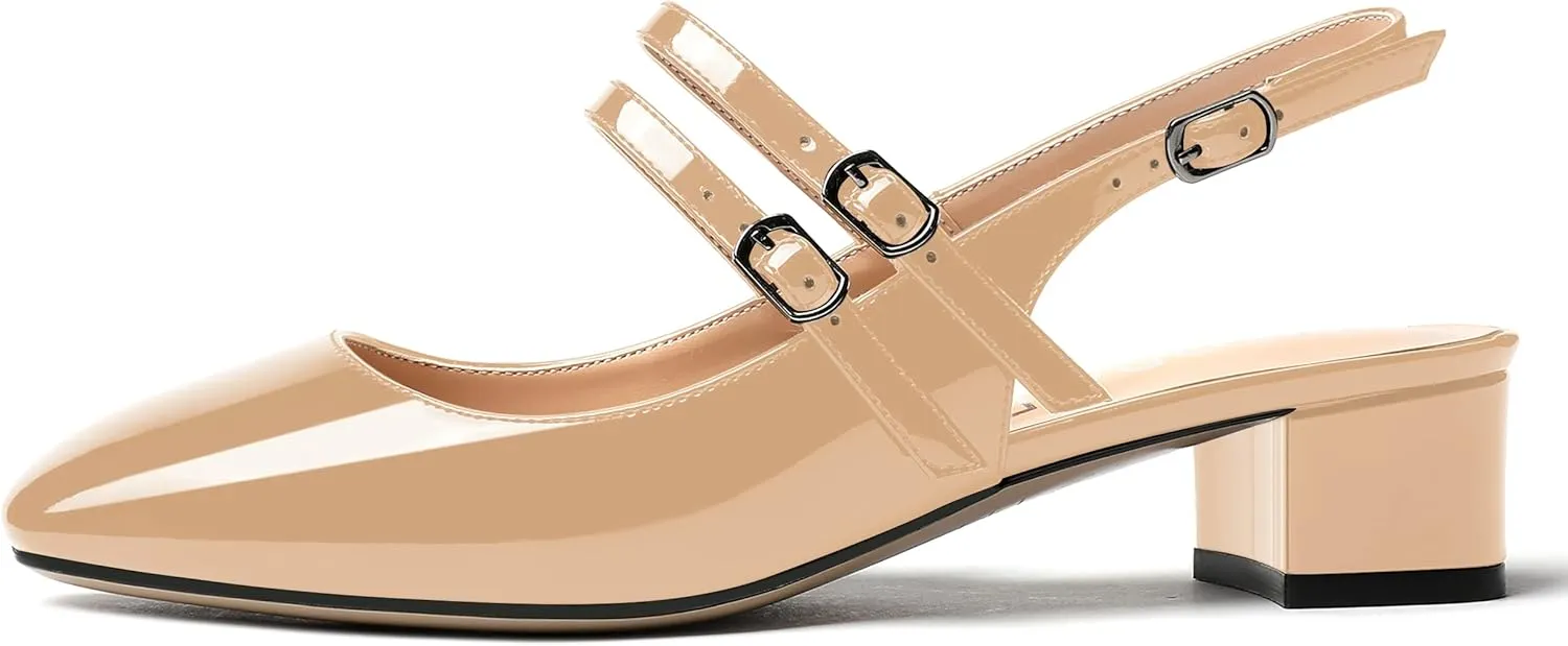 MERRORI Women's Pumps Patent Slingback Block Square Toe Buckle Dress Shoes Low Heel Pumps Shoes 1.5 Inch