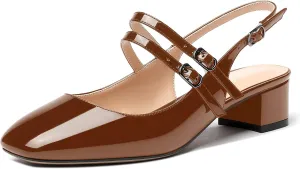 MERRORI Women's Pumps Patent Slingback Block Square Toe Buckle Dress Shoes Low Heel Pumps Shoes 1.5 Inch