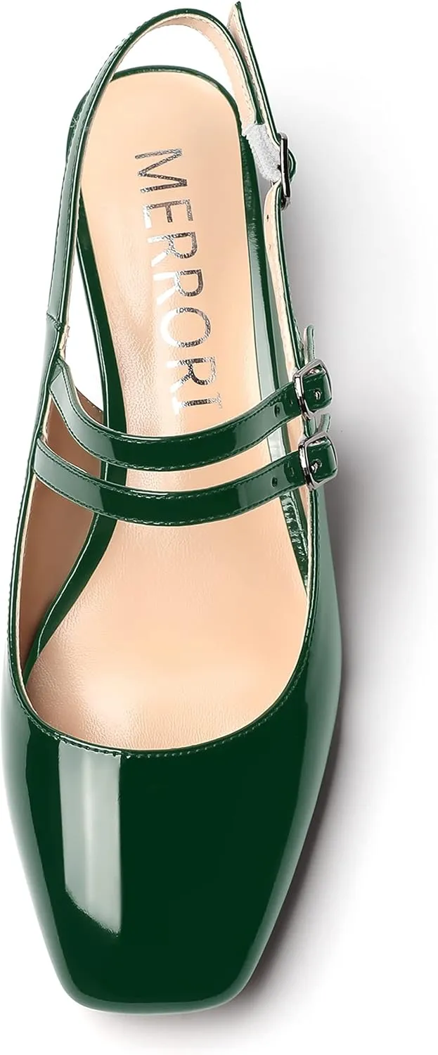 MERRORI Women's Pumps Patent Slingback Block Square Toe Buckle Dress Shoes Low Heel Pumps Shoes 1.5 Inch