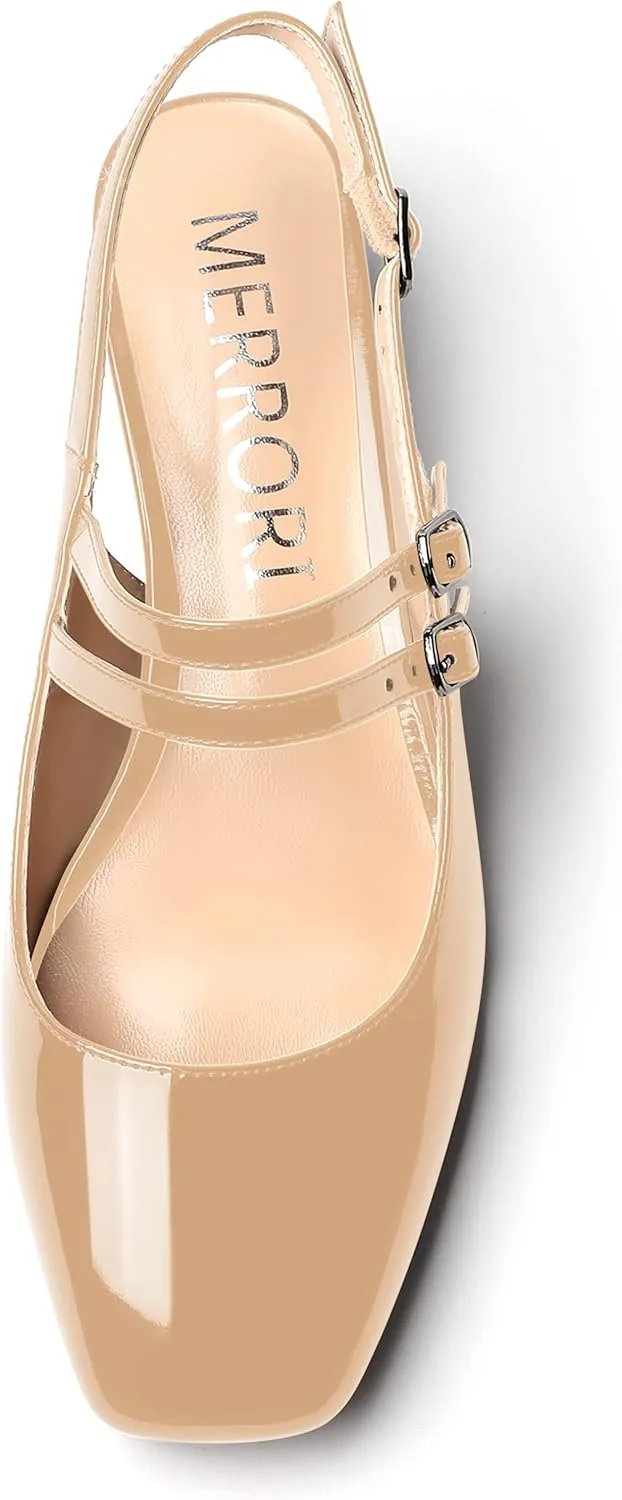 MERRORI Women's Pumps Patent Slingback Block Square Toe Buckle Dress Shoes Low Heel Pumps Shoes 1.5 Inch