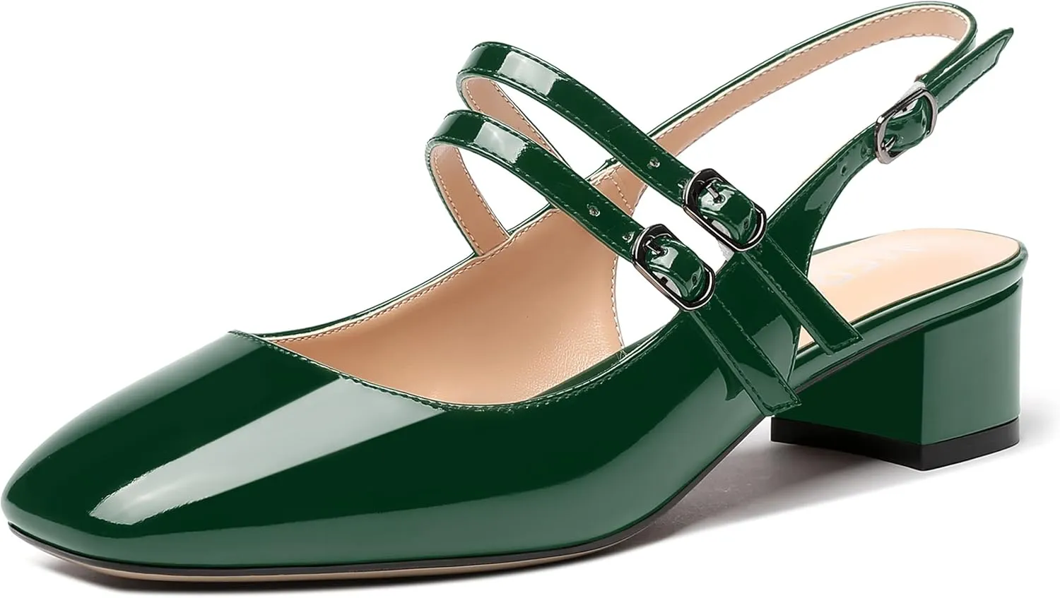 MERRORI Women's Pumps Patent Slingback Block Square Toe Buckle Dress Shoes Low Heel Pumps Shoes 1.5 Inch