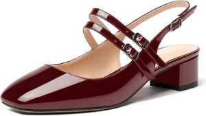 MERRORI Women's Pumps Patent Slingback Block Square Toe Buckle Dress Shoes Low Heel Pumps Shoes 1.5 Inch