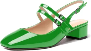 MERRORI Women's Pumps Patent Slingback Block Square Toe Buckle Dress Shoes Low Heel Pumps Shoes 1.5 Inch