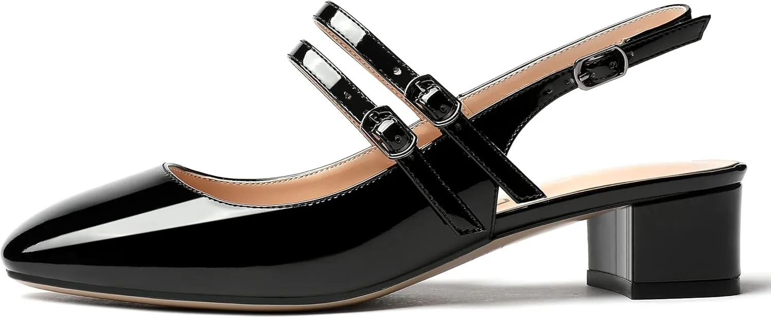MERRORI Women's Pumps Patent Slingback Block Square Toe Buckle Dress Shoes Low Heel Pumps Shoes 1.5 Inch
