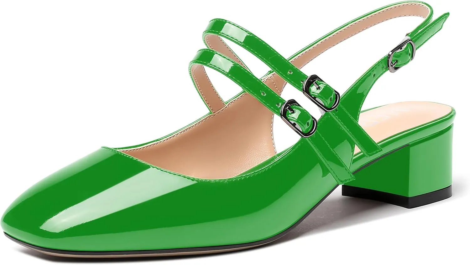 MERRORI Women's Pumps Patent Slingback Block Square Toe Buckle Dress Shoes Low Heel Pumps Shoes 1.5 Inch