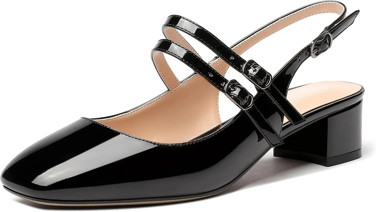 MERRORI Women's Pumps Patent Slingback Block Square Toe Buckle Dress Shoes Low Heel Pumps Shoes 1.5 Inch