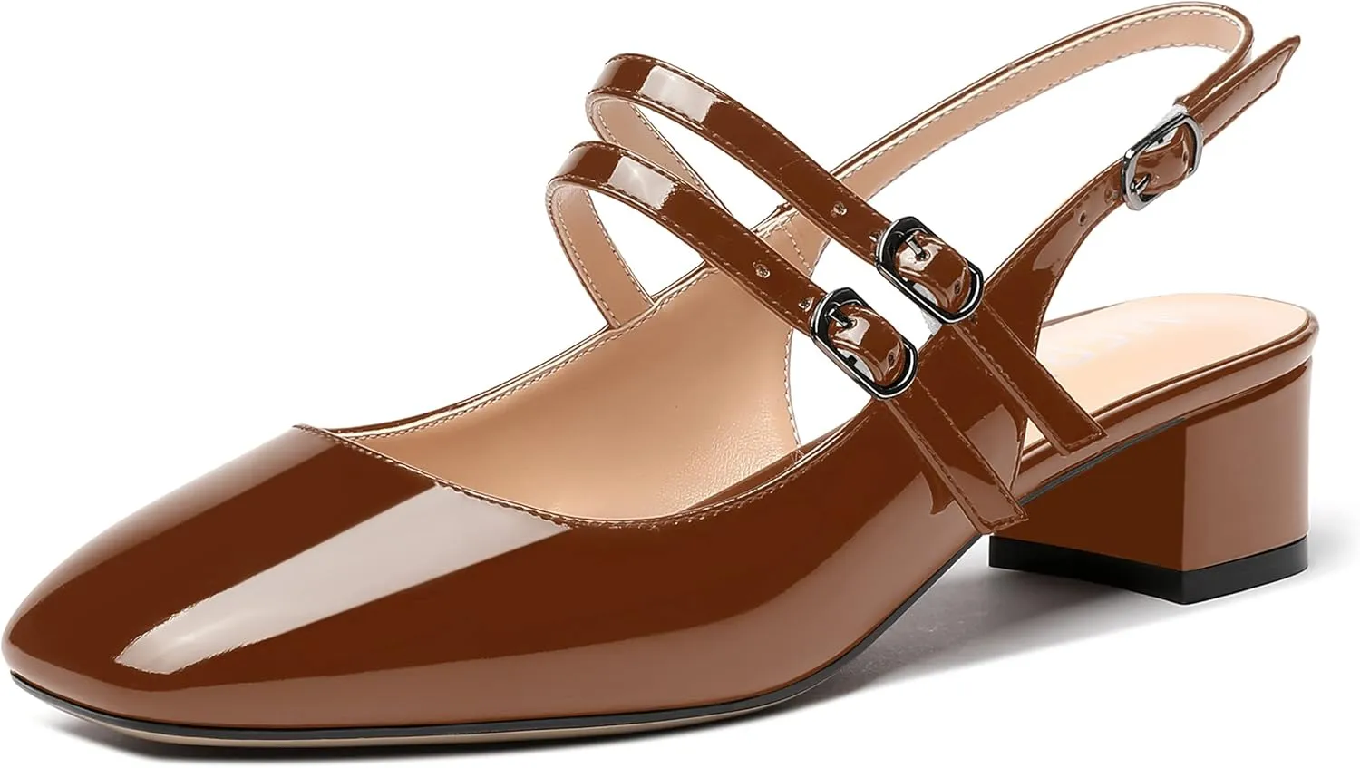 MERRORI Women's Pumps Patent Slingback Block Square Toe Buckle Dress Shoes Low Heel Pumps Shoes 1.5 Inch